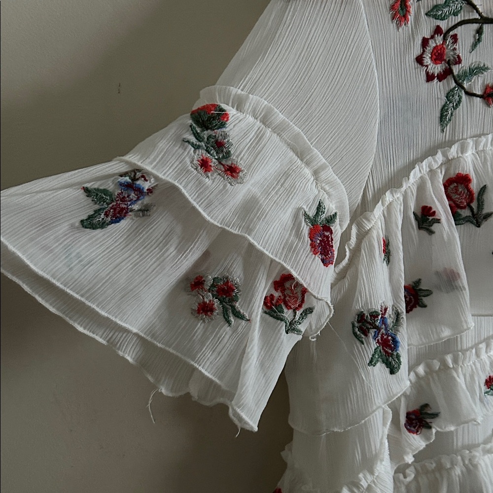 Zara Ivory Floral Whimsy Boho Embroidered Chiffon Tiered Lined Mini Dress Med - Picture 13 of 16